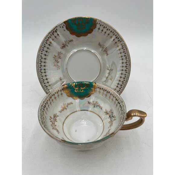 Vintage Teacup & Saucer Set With Gold Trim & Green Floral Accents - Picture 1 of 5